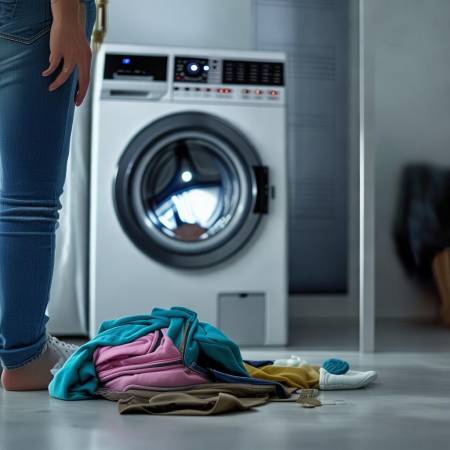 洗衣机自动洗涤,注意衣物检查。