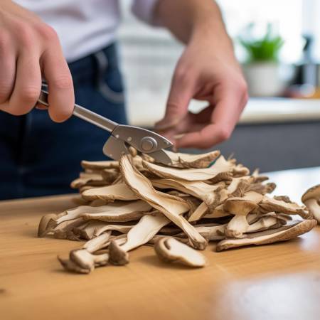 “剪去香菇根蒂,切片入味”