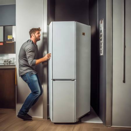 冰箱塞不进电梯,拆门才搞定