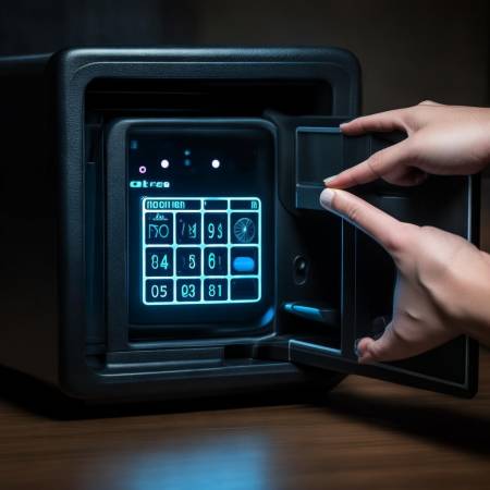 保险柜复位键咔哒声,立即锁定。