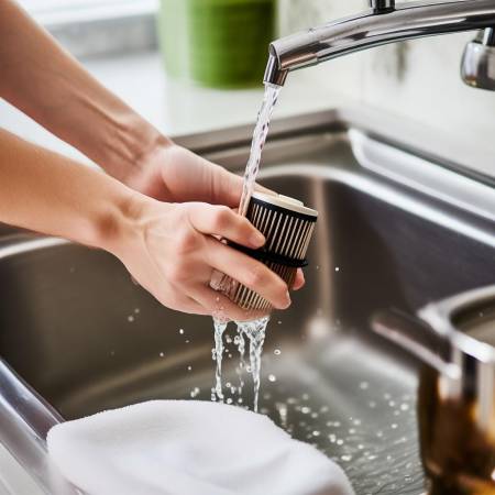 “热水冲油网,抹布擦干净”