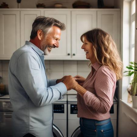 幸福洗衣夫妻相视而笑