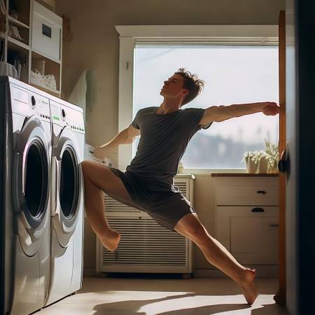 洗衣机旁瑜伽小哥，生活乐趣无限
