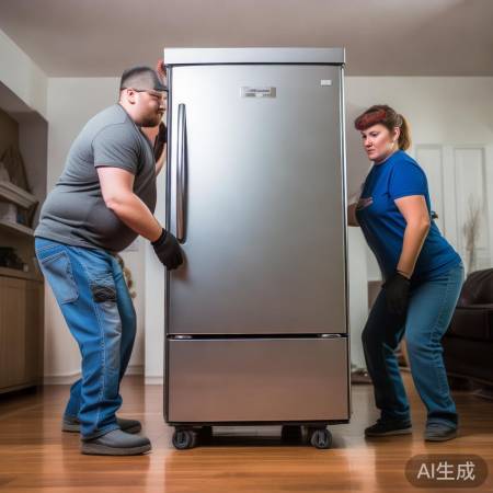 冰箱滚动搬运,两人合作