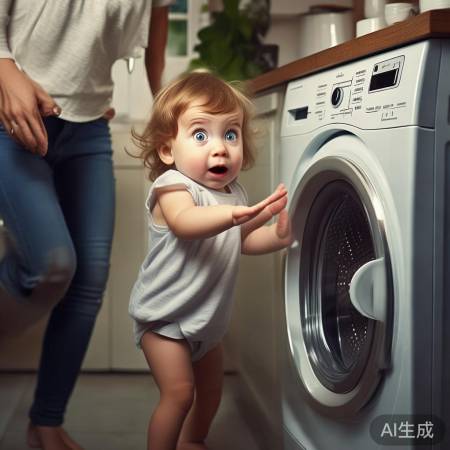 孩子误按洗衣机，妈妈哭笑不得