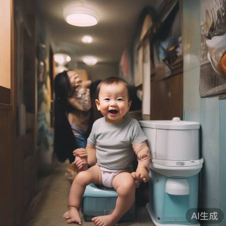 孩子坐迷你马桶，满足似享盛宴